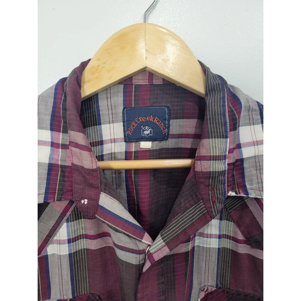 Rock Creek Ranch Mens Short Sleeve Western Snap Plaid Shirt Burgundy‎ Grey XL